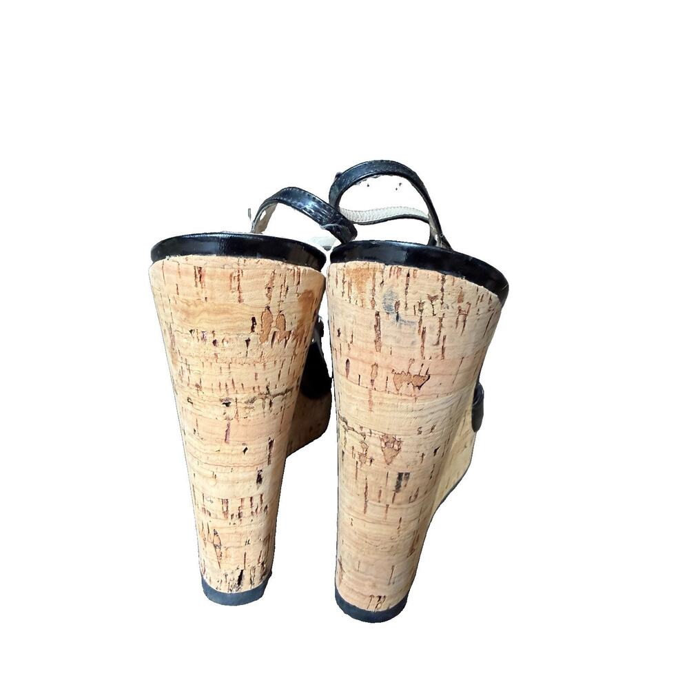 Yves Saint Laurent YSL Rive Gauche Cork Wedge Sandals Black Patent EU 39 US 8.5 - Picture 7 of 10